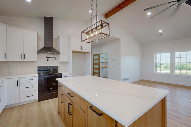 350 NW 1201st Rd, Holden, MO 64040 - kitchen featuring black range with electric stovetop, wall chimney range hood, light wood-style flooring, a center island, and backsplash
