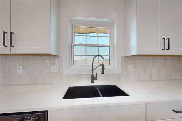 350 NW 1201st Rd, Holden, MO 64040 - kitchen featuring white cabinets, light stone counters, tasteful backsplash, and dishwasher