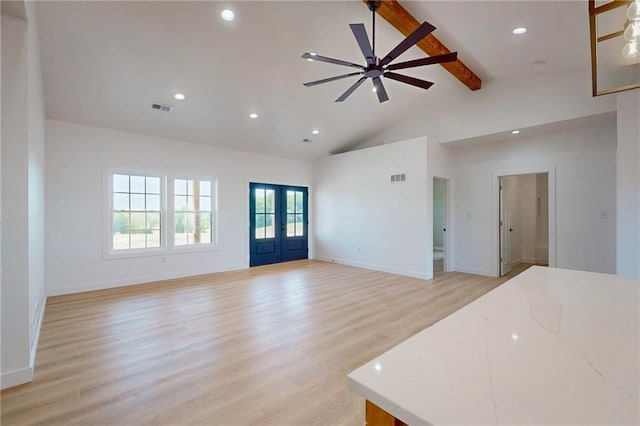350 NW 1201st Rd, Holden, MO 64040 - unfurnished living room with beam ceiling, light wood-style floors, recessed lighting, french doors, and ceiling fan