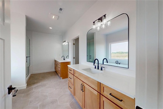 350 NW 1201st Rd, Holden, MO 64040 - full bath featuring two vanities, a stall shower, recessed lighting, and tile patterned floors