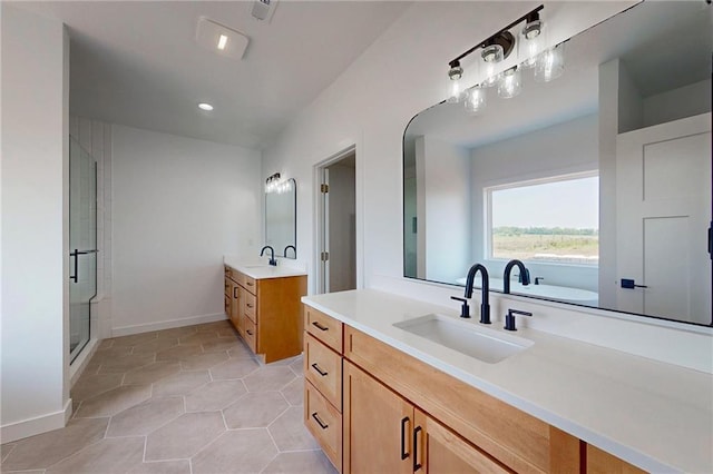 350 NW 1201st Rd, Holden, MO 64040 - full bathroom featuring two vanities, a stall shower, recessed lighting, tile patterned flooring, and a tub to relax in