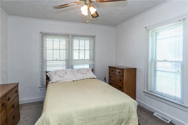 421 N Nettleton Ave, Bonner Springs, KS 66012 - bedroom with carpet flooring, multiple windows, ornamental molding, and a ceiling fan