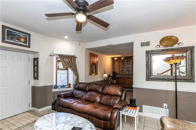 421 N Nettleton Ave, Bonner Springs, KS 66012 - living room with light tile patterned flooring, a textured ceiling, and a ceiling fan