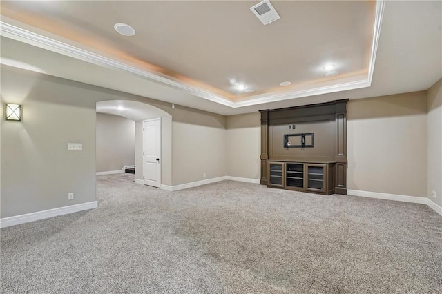 9332 W 158th St, Overland Park, KS 66221 - basement with arched walkways, carpet, ornamental molding, and recessed lighting