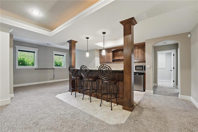 9332 W 158th St, Overland Park, KS 66221 - kitchen featuring dishwasher, light carpet, a kitchen bar, decorative columns, and open shelves