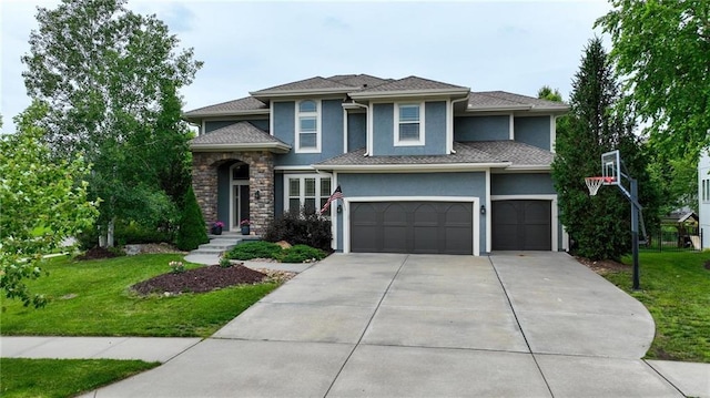 9332 W 158th St, Overland Park, KS 66221 - prairie-style house with concrete driveway, stucco siding, a front lawn, and a garage