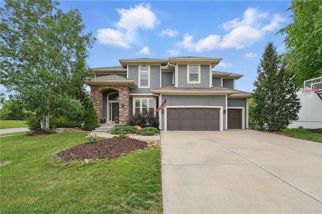 9332 W 158th St, Overland Park, KS 66221 - prairie-style house with driveway, stucco siding, a garage, a front yard, and stone siding