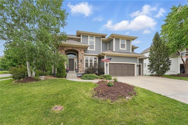 9332 W 158th St, Overland Park, KS 66221 - view of front of property with concrete driveway, a garage, a front yard, stucco siding, and stone siding