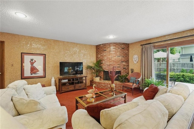 8206 Parkhill Cir, Lenexa, KS 66215 - living area with a textured ceiling, a brick fireplace, and recessed lighting