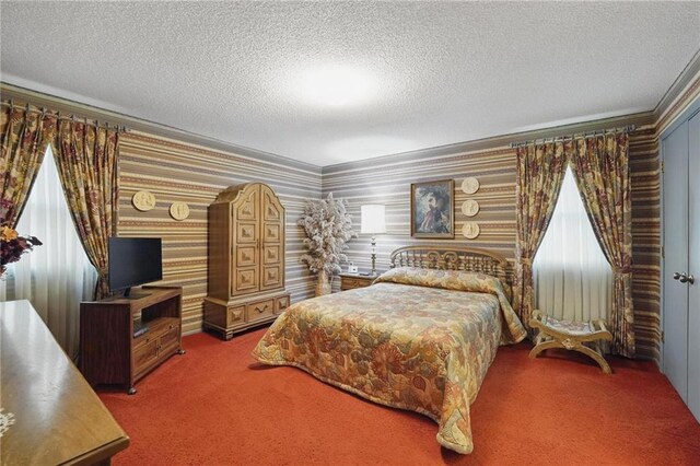 8206 Parkhill Cir, Lenexa, KS 66215 - bedroom with carpet, ornamental molding, wallpapered walls, and a textured ceiling