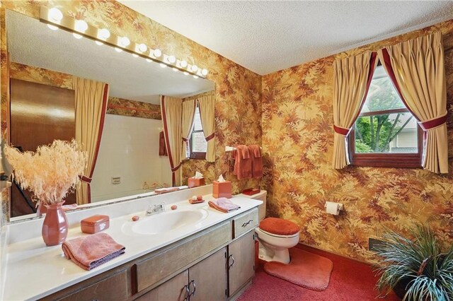 8206 Parkhill Cir, Lenexa, KS 66215 - bathroom featuring wallpapered walls, vanity, plenty of natural light, and a textured ceiling