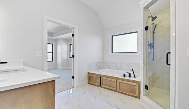 22076 W 99th Ter, Lenexa, KS 66220 - bathroom with a marble finish shower, a bath, vanity, marble finish flooring, and vaulted ceiling
