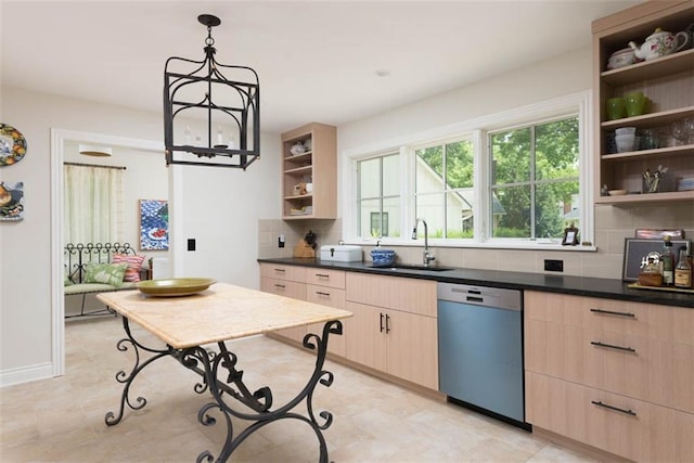 8311 Wenonga Rd, Leawood, KS 66206 - kitchen with dishwasher, open shelves, light brown cabinetry, backsplash, and dark countertops