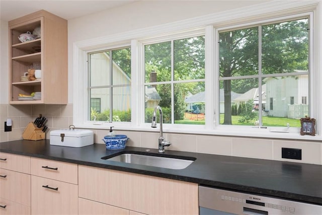8311 Wenonga Rd, Leawood, KS 66206 - kitchen with dishwashing machine, decorative backsplash, light brown cabinets, dark countertops, and open shelves