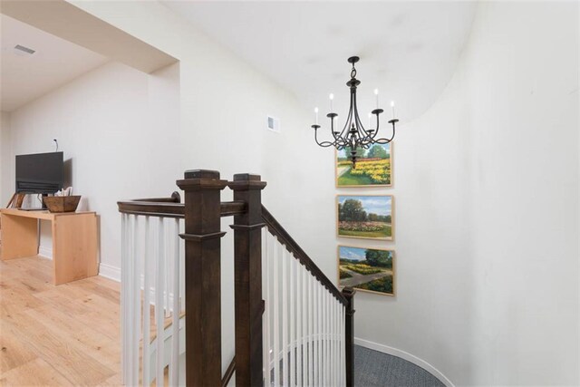 8311 Wenonga Rd, Leawood, KS 66206 - stairway featuring a chandelier and wood finished floors