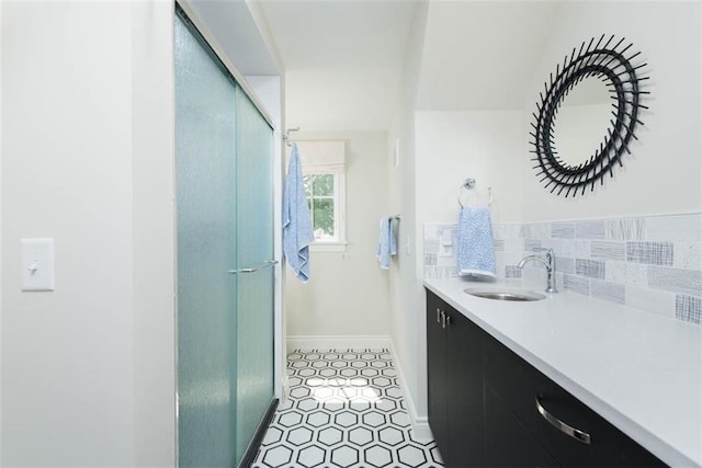 8311 Wenonga Rd, Leawood, KS 66206 - bathroom featuring vanity, a stall shower, and tile patterned floors
