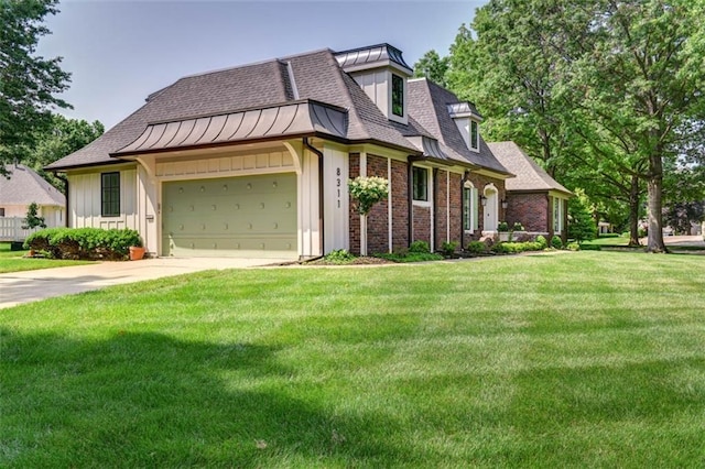 8311 Wenonga Rd, Leawood, KS 66206 - view of front facade with board and batten siding, a front lawn, concrete driveway, an attached garage, and roof with shingles