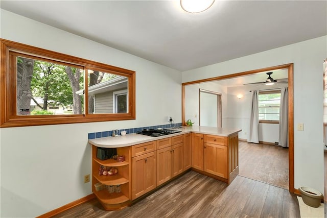 4820 Stearns Ln, Shawnee, KS 66203 - kitchen with wood finished floors, black stovetop, light countertops, a ceiling fan, and open shelves