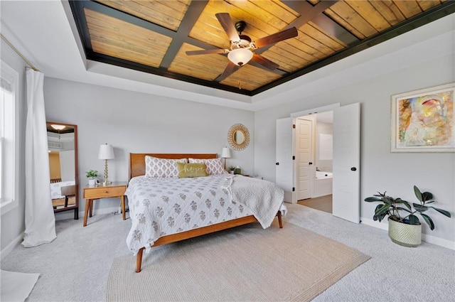 1505 SW Georgetown Dr, Lees Summit, MO 64082 - bedroom featuring wood ceiling, carpet flooring, baseboards, a raised ceiling, and a ceiling fan