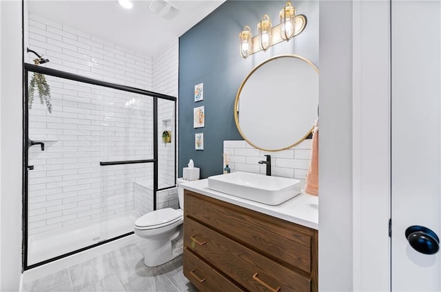 1505 SW Georgetown Dr, Lees Summit, MO 64082 - bathroom with a stall shower, toilet, vanity, and tasteful backsplash