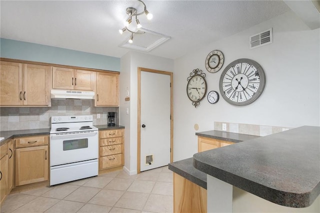 5341 Locust Ln, Kansas City, KS 66106 - kitchen with electric range, under cabinet range hood, dark countertops, tasteful backsplash, and light tile patterned floors