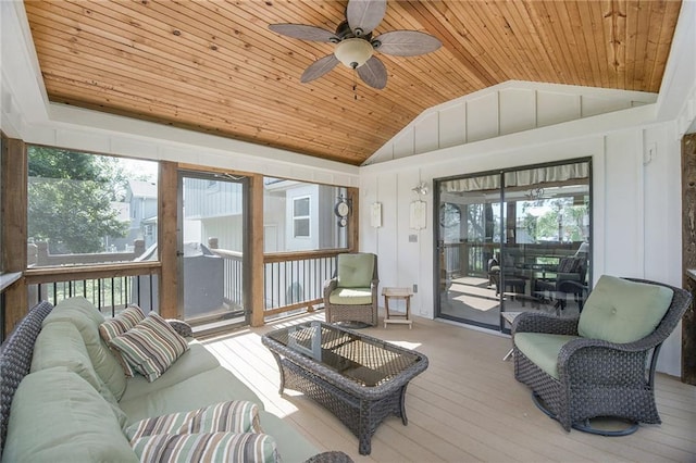 5341 Locust Ln, Kansas City, KS 66106 - living area featuring wooden ceiling, lofted ceiling, healthy amount of natural light, a ceiling fan, and wood finished floors