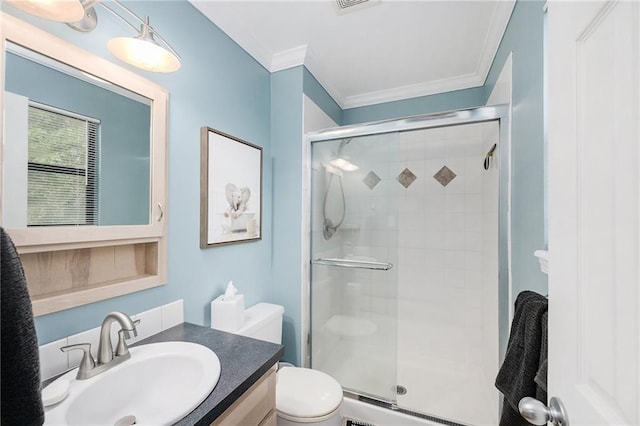 5341 Locust Ln, Kansas City, KS 66106 - bathroom with a stall shower, ornamental molding, and vanity