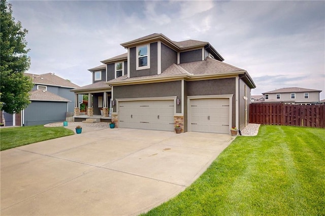 3201 SE 3rd St, Lees Summit, MO 64063 - prairie-style home with stucco siding, an attached garage, driveway, stone siding, and roof with shingles