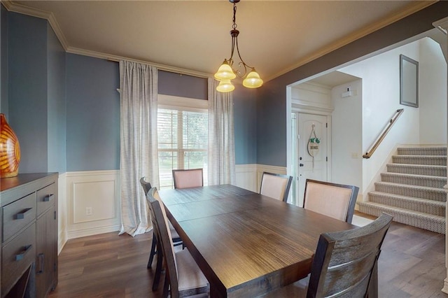 3201 SE 3rd St, Lees Summit, MO 64063 - dining space featuring dark wood finished floors, stairway, wainscoting, ornamental molding, and a decorative wall