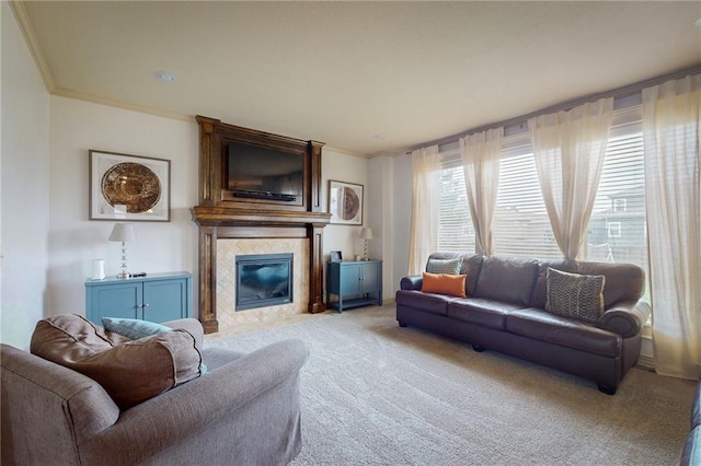 3201 SE 3rd St, Lees Summit, MO 64063 - living room with light carpet, a large fireplace, and ornamental molding