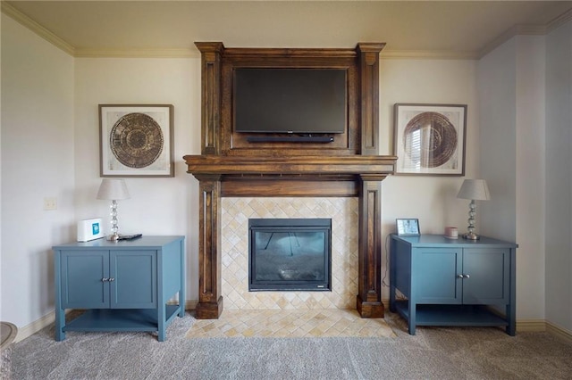 3201 SE 3rd St, Lees Summit, MO 64063 - detailed view of carpet flooring, crown molding, and a tiled fireplace