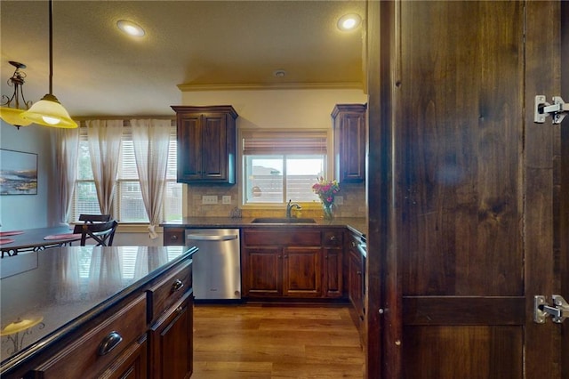 3201 SE 3rd St, Lees Summit, MO 64063 - kitchen with stainless steel dishwasher, wood finished floors, tasteful backsplash, pendant lighting, and recessed lighting