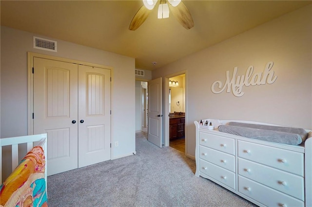 3201 SE 3rd St, Lees Summit, MO 64063 - bedroom with carpet flooring, a closet, ceiling fan, and connected bathroom