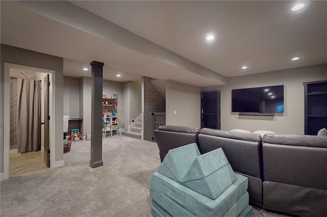 3201 SE 3rd St, Lees Summit, MO 64063 - living area featuring light colored carpet, recessed lighting, and stairs