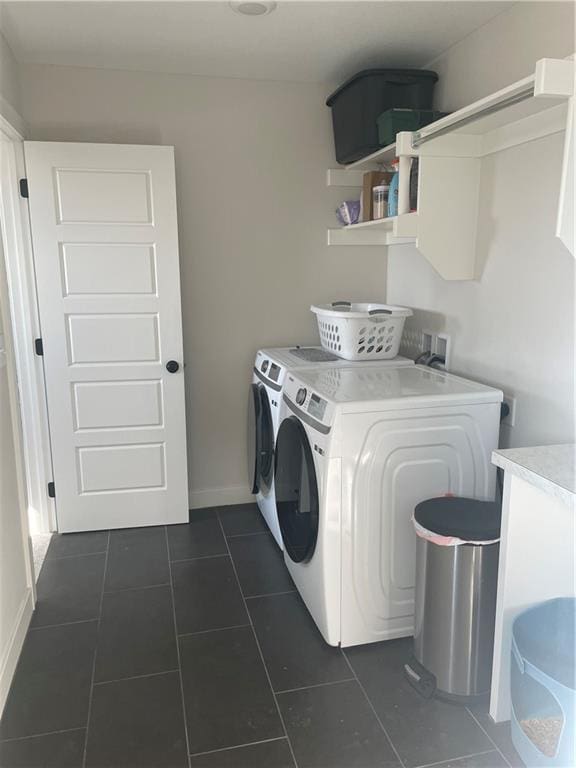 3117 SW Arbor Tree Dr, Lees Summit, MO 64082 - laundry room with separate washer and dryer, dark tile patterned flooring, and baseboards