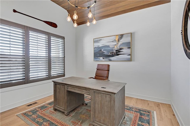 17029 King St, Overland Park, KS 66221 - office space featuring wooden ceiling, light wood-style flooring, vaulted ceiling, and baseboards