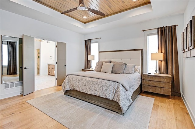 17029 King St, Overland Park, KS 66221 - bedroom featuring a tray ceiling, wood ceiling, light wood finished floors, baseboards, and ceiling fan