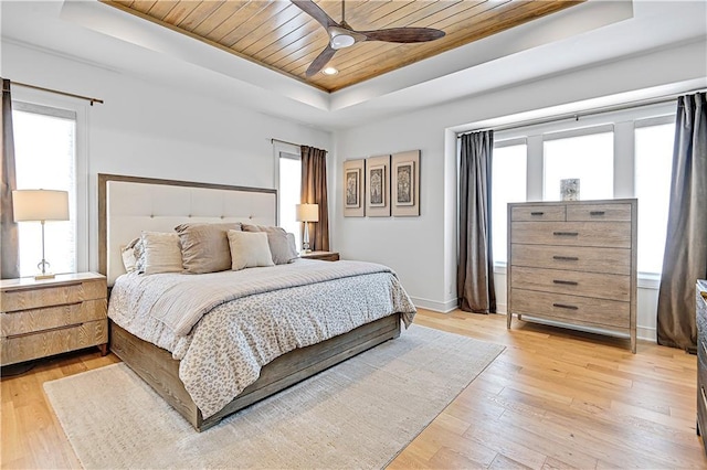 17029 King St, Overland Park, KS 66221 - bedroom featuring a raised ceiling, multiple windows, wooden ceiling, and light wood-type flooring