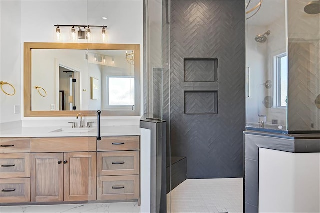 17029 King St, Overland Park, KS 66221 - bathroom with vanity, tiled shower, and marble look tiles