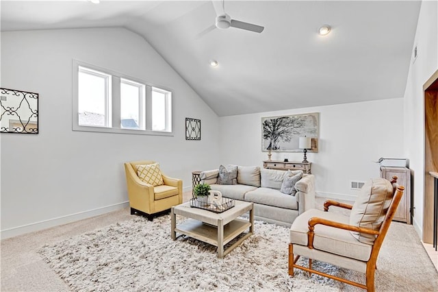 17029 King St, Overland Park, KS 66221 - carpeted living area featuring a ceiling fan, lofted ceiling, baseboards, and recessed lighting