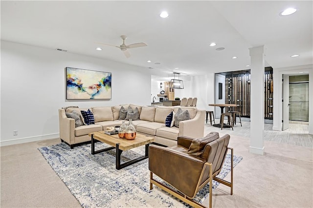 17029 King St, Overland Park, KS 66221 - living room with light carpet, recessed lighting, baseboards, and a ceiling fan