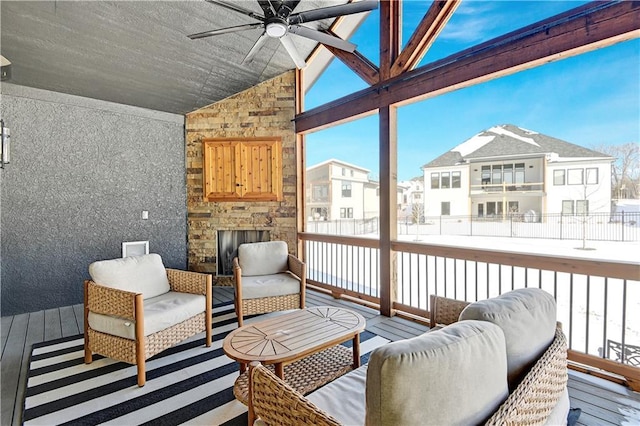 17029 King St, Overland Park, KS 66221 - wooden deck featuring a ceiling fan, an outdoor hangout area, and a residential view