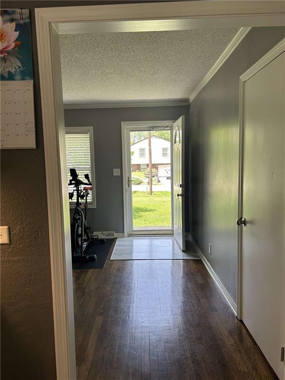 241 E S St, Peculiar, MO 64078 - entryway with crown molding, dark wood finished floors, and a textured ceiling