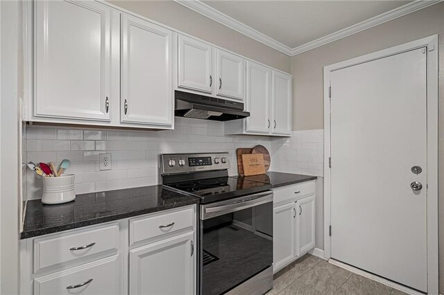 7135 Conser St, Overland Park, KS 66204 - kitchen featuring stainless steel range with electric cooktop, under cabinet range hood, white cabinets, crown molding, and tasteful backsplash