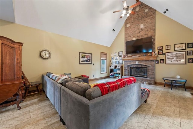 3917 SW Windjammer Ct, Lees Summit, MO 64082 - living area with a ceiling fan, high vaulted ceiling, a fireplace, and baseboards