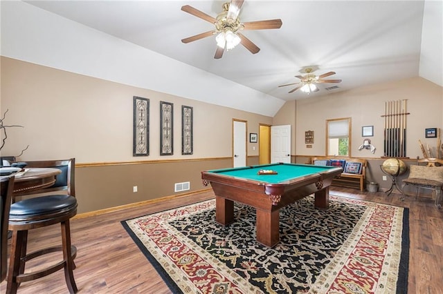 3917 SW Windjammer Ct, Lees Summit, MO 64082 - game room with lofted ceiling, wood finished floors, billiards, ceiling fan, and baseboards
