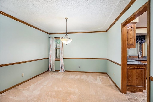 2409 NE 73rd Ter, Gladstone, MO 64118 - unfurnished room with a sink, crown molding, light colored carpet, a textured ceiling, and baseboards