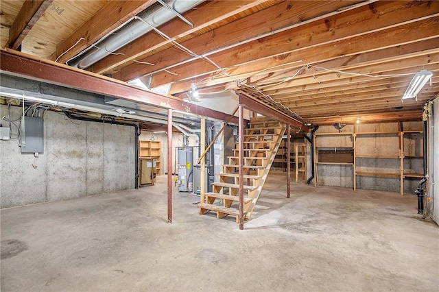 2409 NE 73rd Ter, Gladstone, MO 64118 - unfinished basement featuring electric panel, stairs, and water heater