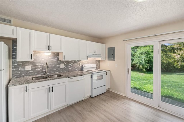 2701 NW 5th St, Blue Springs, MO 64014 - kitchen featuring white appliances, under cabinet range hood, decorative backsplash, a textured ceiling, and white cabinets