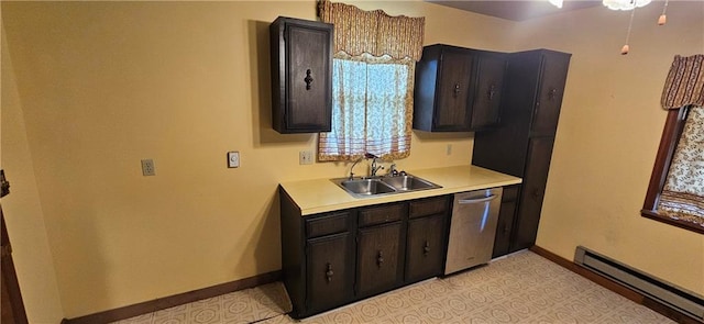 123 NW 1501st Rd, Holden, MO 64040 - kitchen with stainless steel dishwasher, a baseboard heating unit, a sink, light countertops, and baseboards